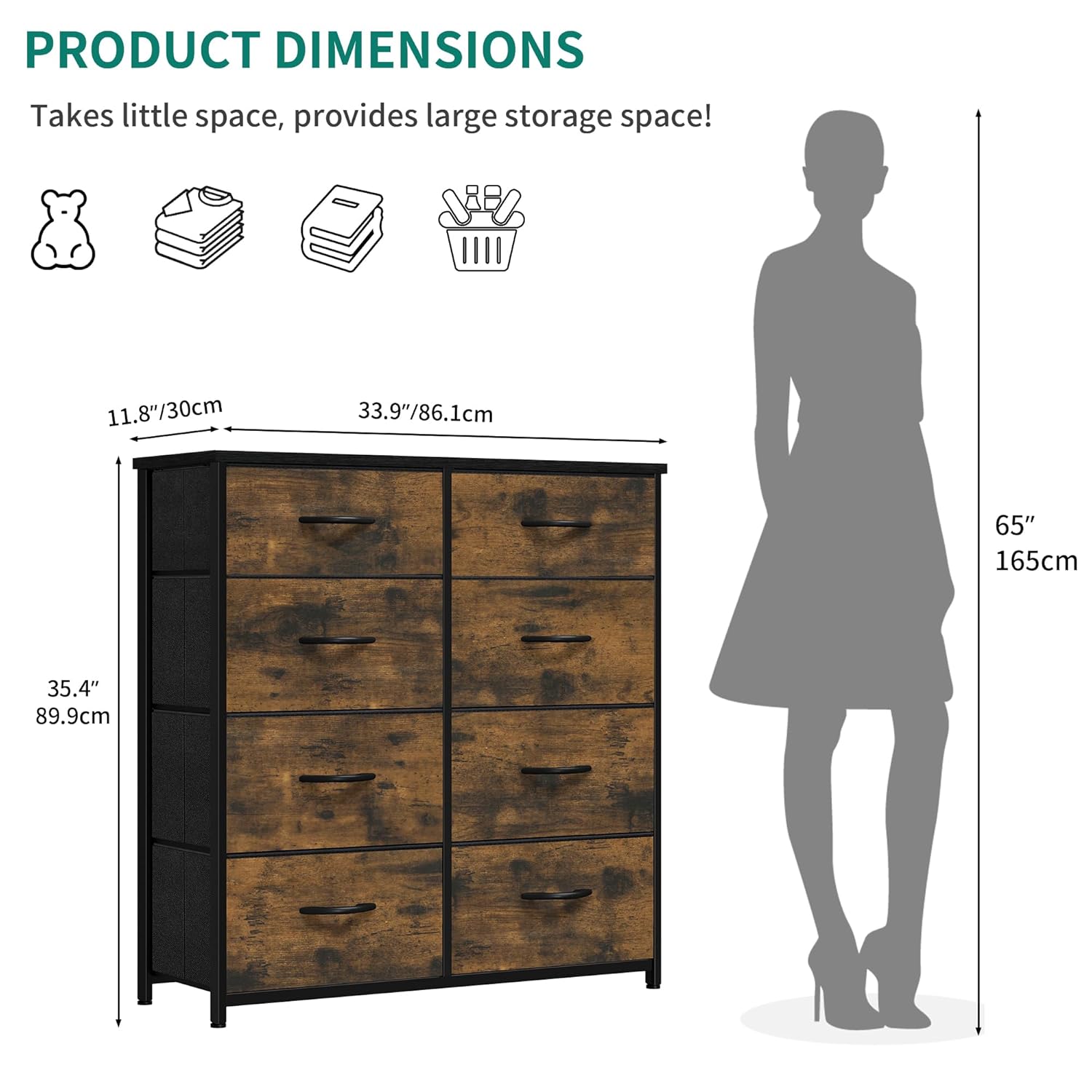 YITAHOME Chest of Drawer with 8 Drawers for Bedroom Fabric Dresser Storage Drawers With Handles Metal Frame for Living Room, Hallway,Rustic Brown - Image 3