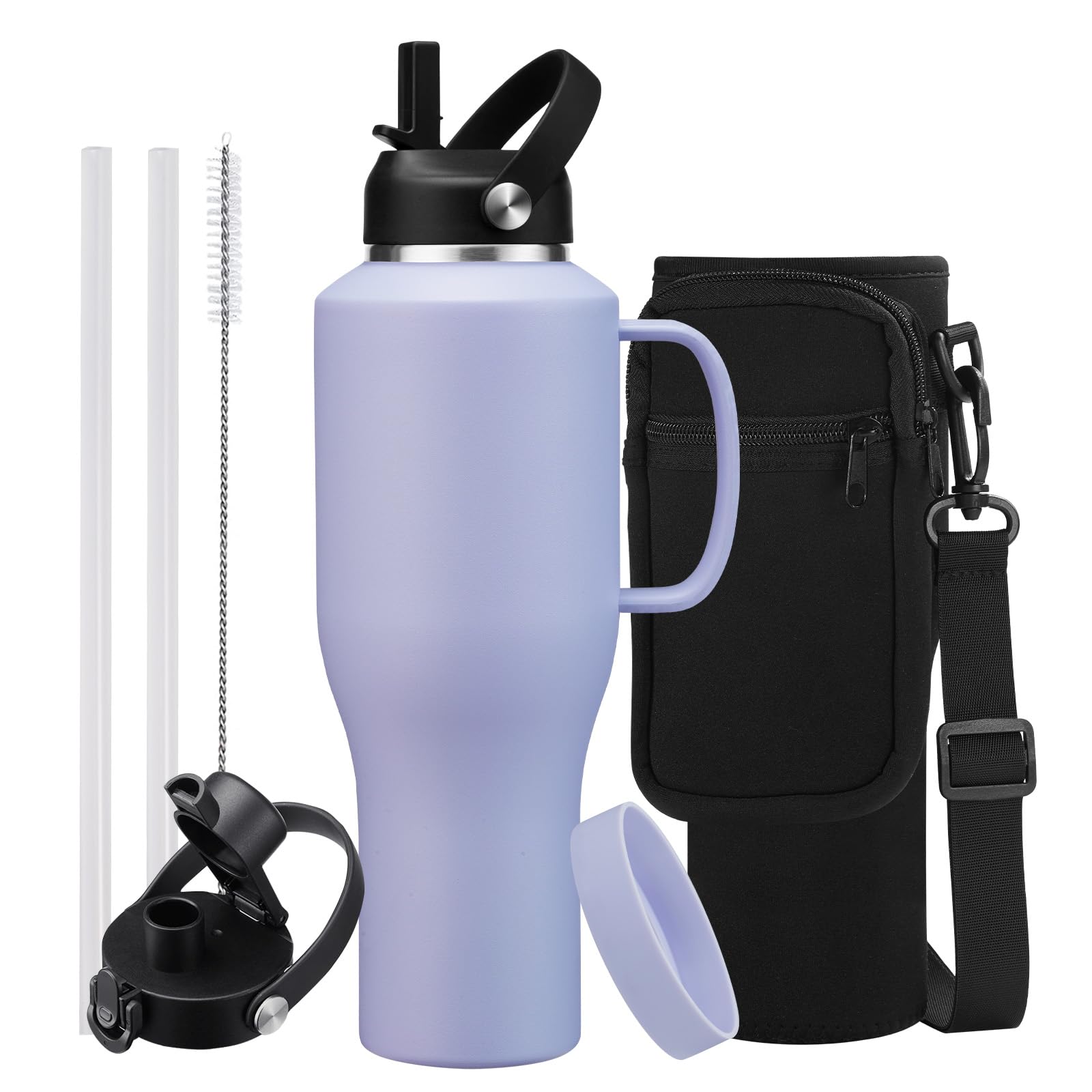 Vaso de 40 onzas con asa, botella de agua aislada con popote, tapa de boquilla automática, bolsa de transporte, termo de metal morado, taza de café de viaje para portavasos de automóvil,