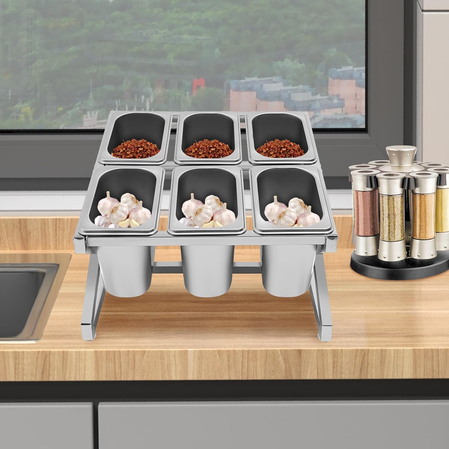 14-25.6in Expandable Condiment Food Prep Station Center with 6 Pans and 6 Lids, Inclined Expandable Spice Rack Set, Salad Bar Buffet Station Spice Rack for Homes, Buffets, Cafes, Food Trucks