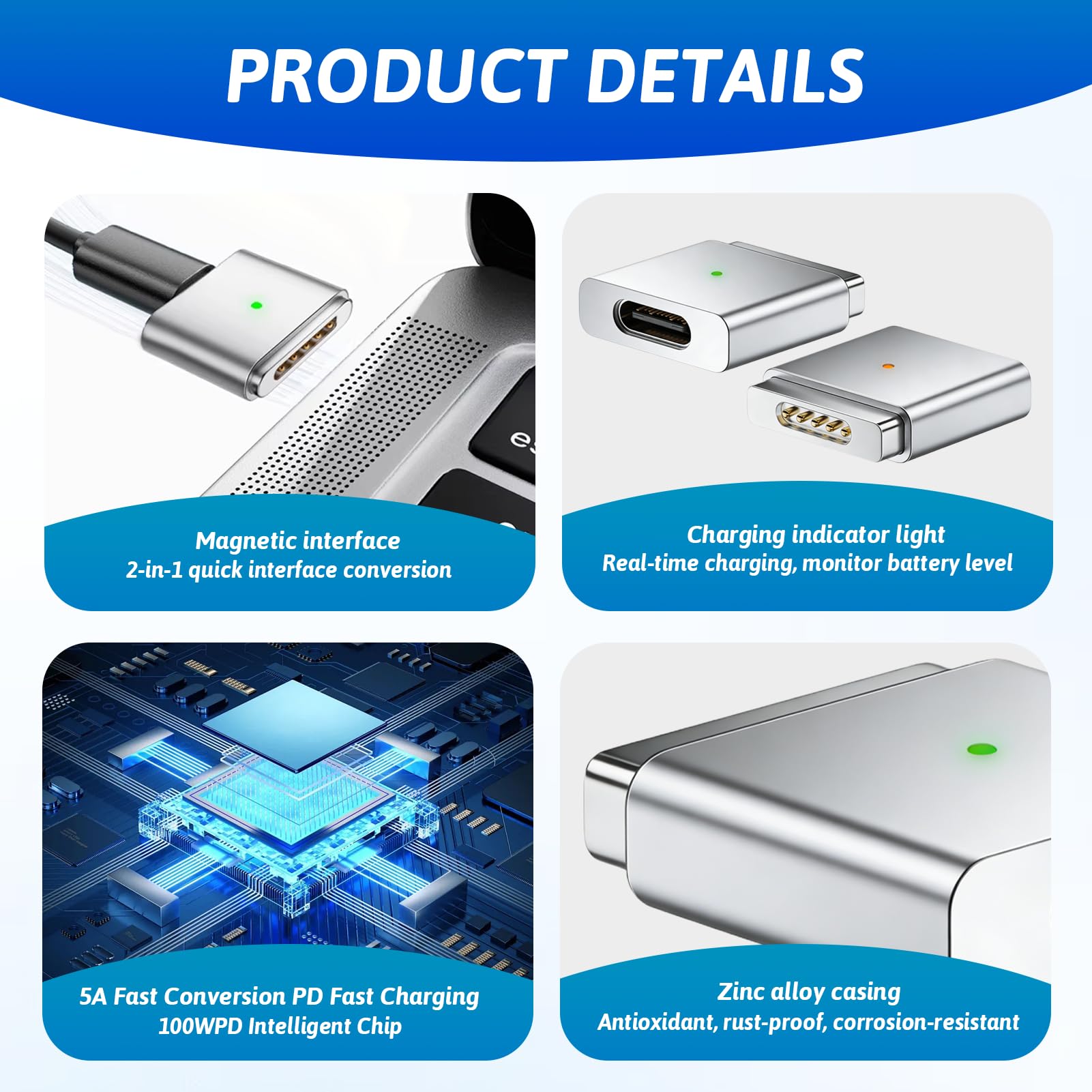 1 adattatore da USB C a magnetico per Magsafe 2,PD 100W T teste da tipo C a magnetico 2 Power Converter di ricarica, compatibile con MacBook 15inch A1398/MC976/MD506/ME665/ME293/ME294 2013-2015