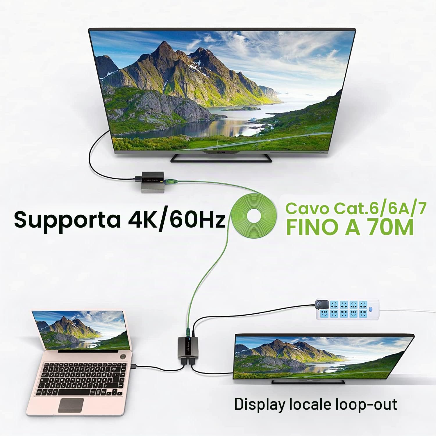 Techly 364187 Extender HDMI 4K@60Hz 18Gbps HDR10 su Cavo Cat.6/6A/7 Fino 70 Metri Zero latenza Nero