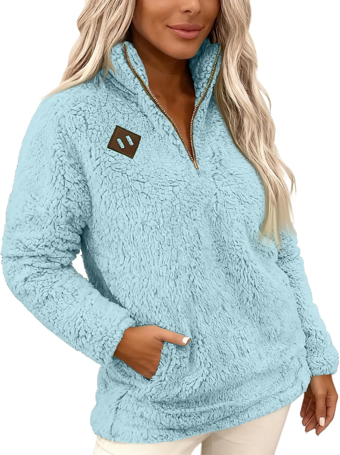 Sweater for Women Long Sleeve Fleece Pullover Quarter Zip Loose Fit Casual Sweatshirt Stand Collar Fall Winter Tunic Tops