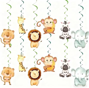 24PCS Safari Animal Party Set, 12 Cards + 12 Spirals for Boys | Lion/tiger/giraffe patterns, for jungle safari birthday, baby shower & zoo theme parties