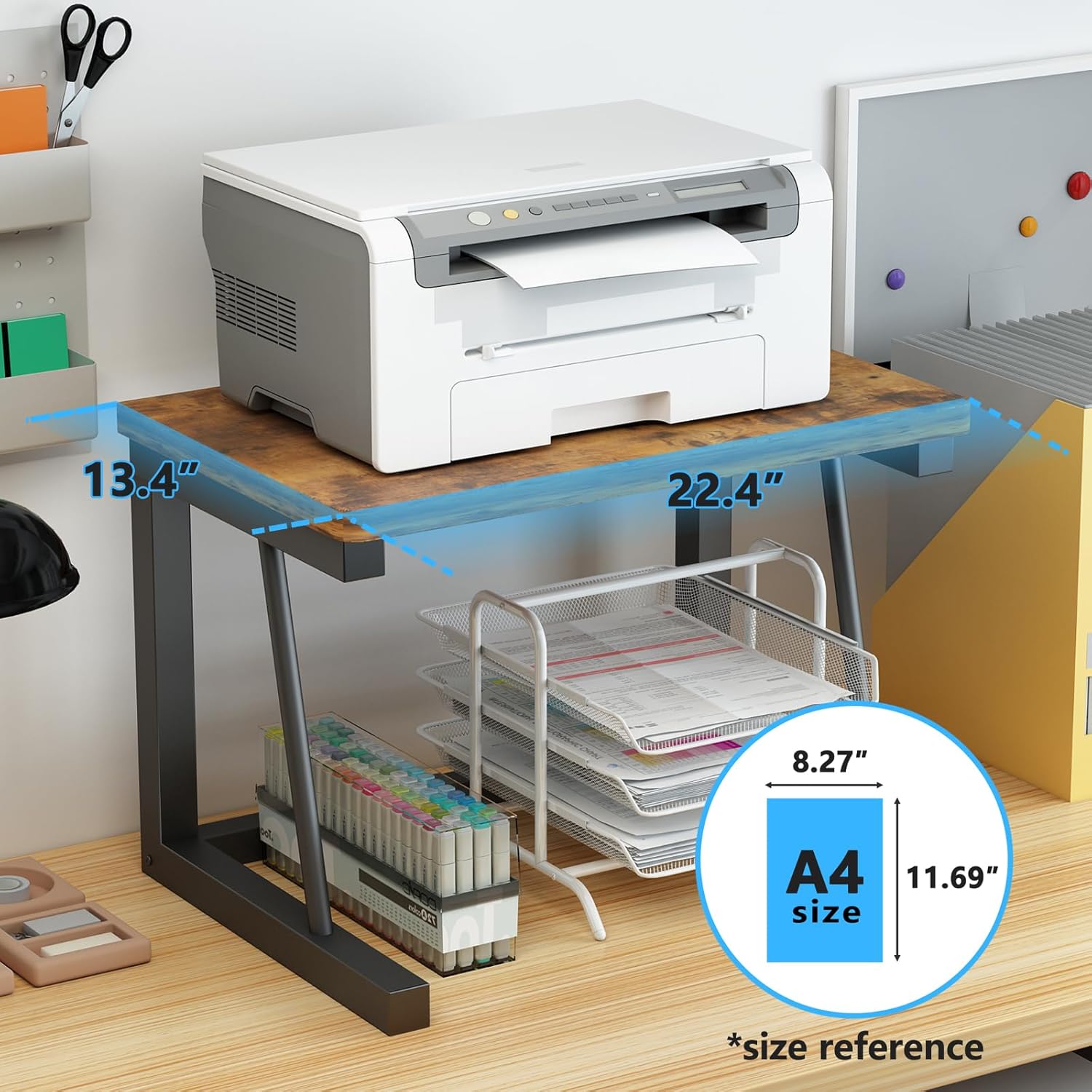 Desktop Printer Stand, 2-Tier Wood Rustic Printer Shelf for 3D & Laser Printer, Scanner, Copier, Durable Small Space Storage Organizer for Home Office Kitchen (2-Tier, Brown)