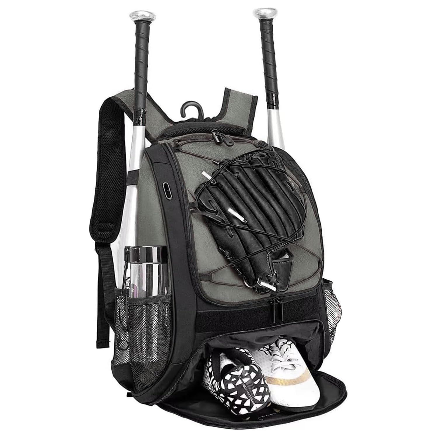 DAFISKY Baseball Bag Softball Backpack - Youth Adult T Ball Bat Equipment Bag with Bat and Helmet Holders, Shoe Compartment and Hook, Gray