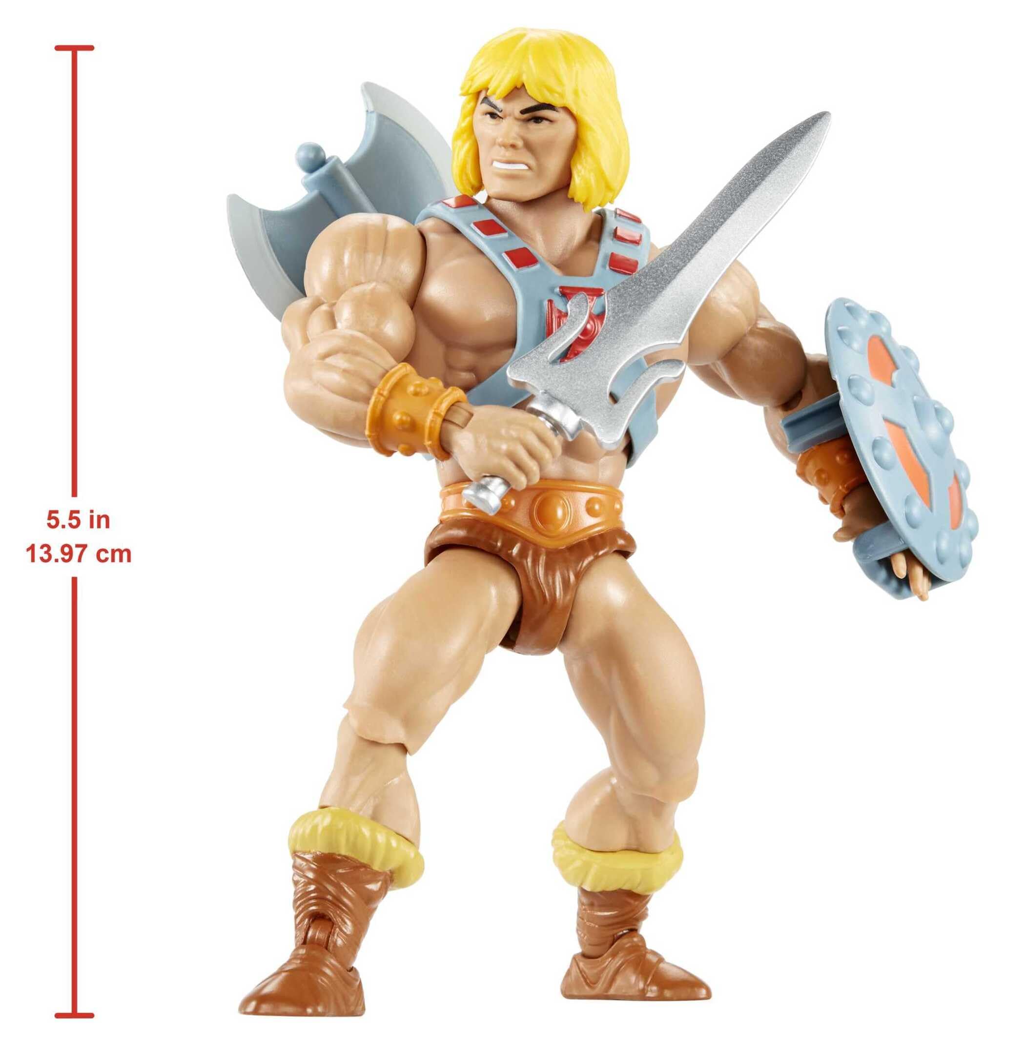 Masters of The Universe Origins Figura de acción de He-Man, Juguete de héroe de televisión de 13,97cm, Motu 1980, diseño detallado con arnés, Espada, Hacha y Escudo, JNP97