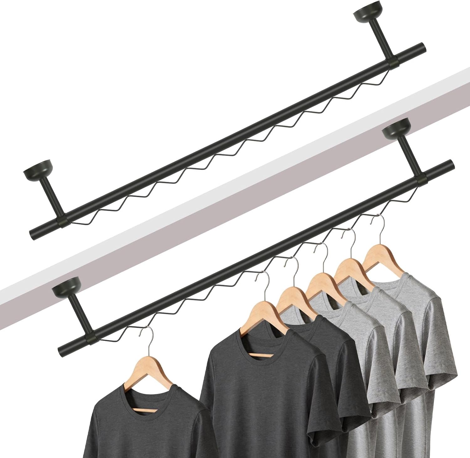2 Pack Closet Rail Hanging for Wall Mount, Any-Angle Ceiling Mount Rod, Sloped Hanging Rail Rack, Under Stairs Organizer, Sloped Ceiling Closet Solutions for Bedroom Attic Under Stairs Areas (Black)