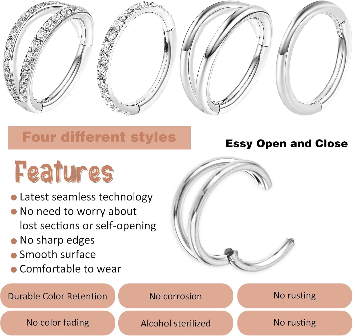 Lusofie 4Pcs Hinged Hoop Earring Nose Ring Hoop Surgical Steel Clicker Earring Hoops Piercing Jewelry for Women Men