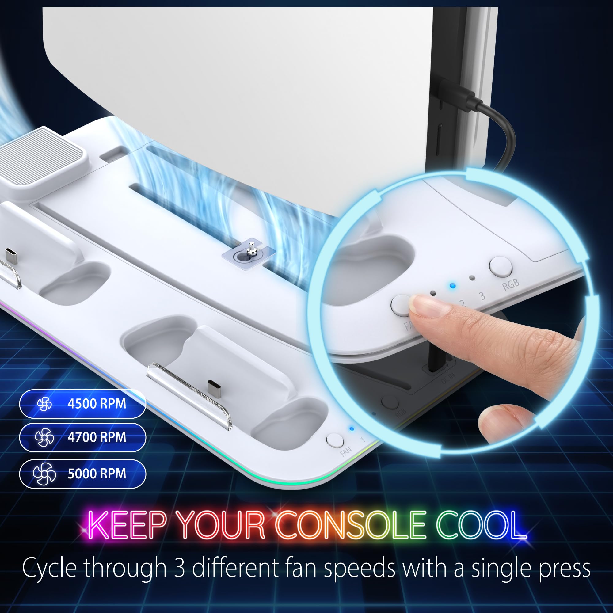 Fosmon - Soporte para PS5 y PS5 Slim e Raffreddamento con Cargador Mando PS5-10 Slots di Gioco e Supporto per Cuffie - con Luce LED RGB - Bianco