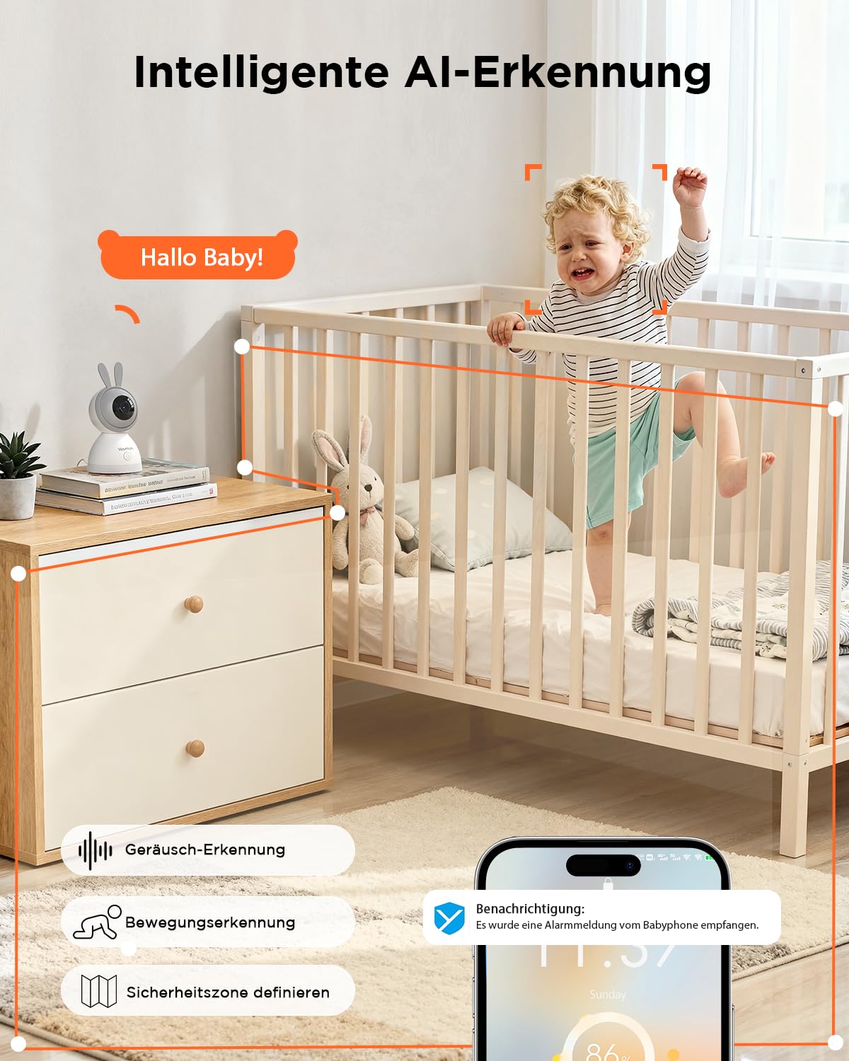 12.7 cm 2K/3MP kamera monitorująca dla niemowląt z ekranem IPS, ostrzeżenie o płaczu na monitorze i telefonie komórkowym, wyraźne widzenie w nocy, całkowity obrót 360°, podwójna kontrola, WiFi | Monitorowanie i sterowanie aplikacją, wykrywanie ruchu i int