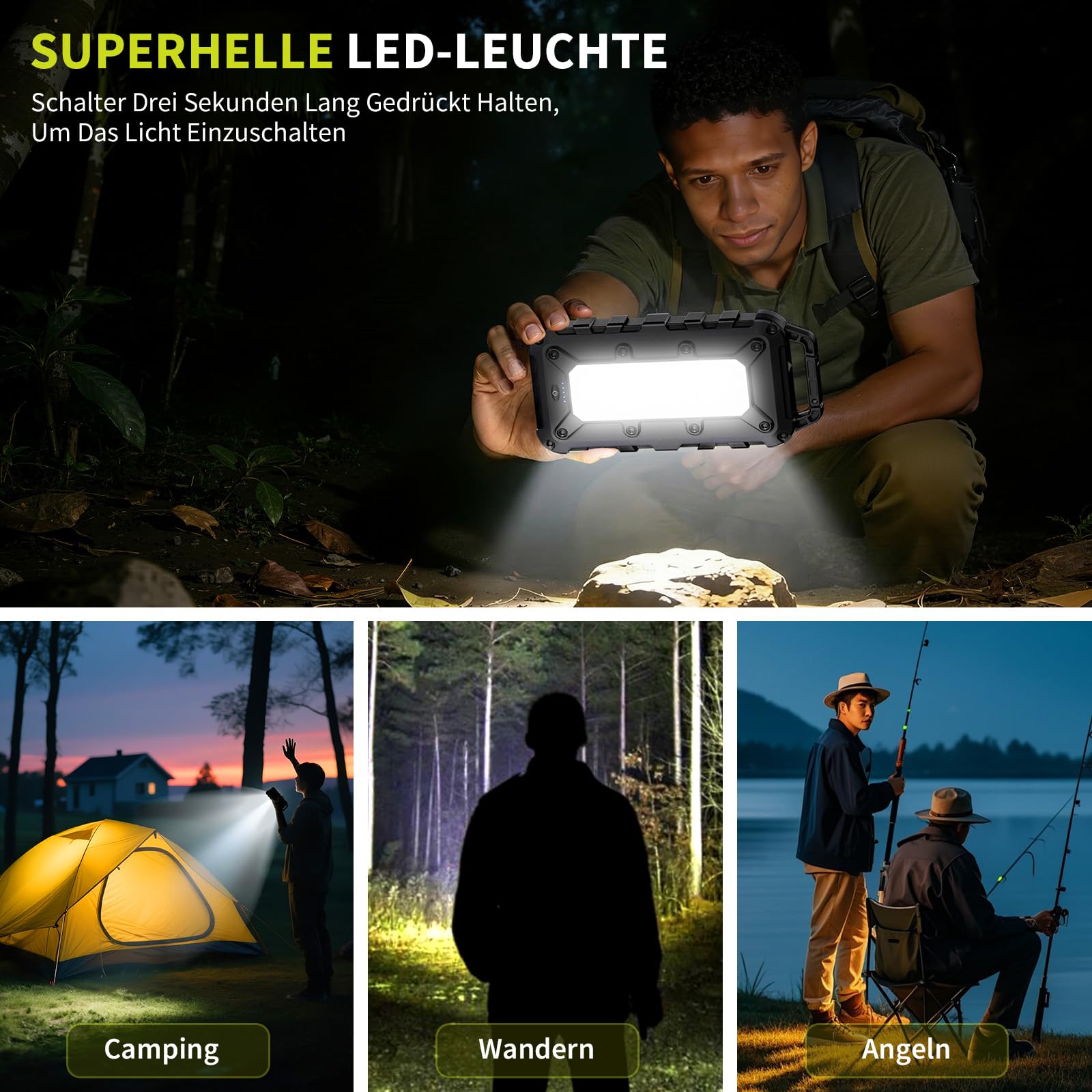 Solar Powerbank 10000mAh PD 22.5W Tragbares Solar Ladegerät USB C Outdoor Wasserdicht Externer Akku mit LED-Licht und 3 Ausgängen für Tablets Smartphones Outdoor Camping Schwarz