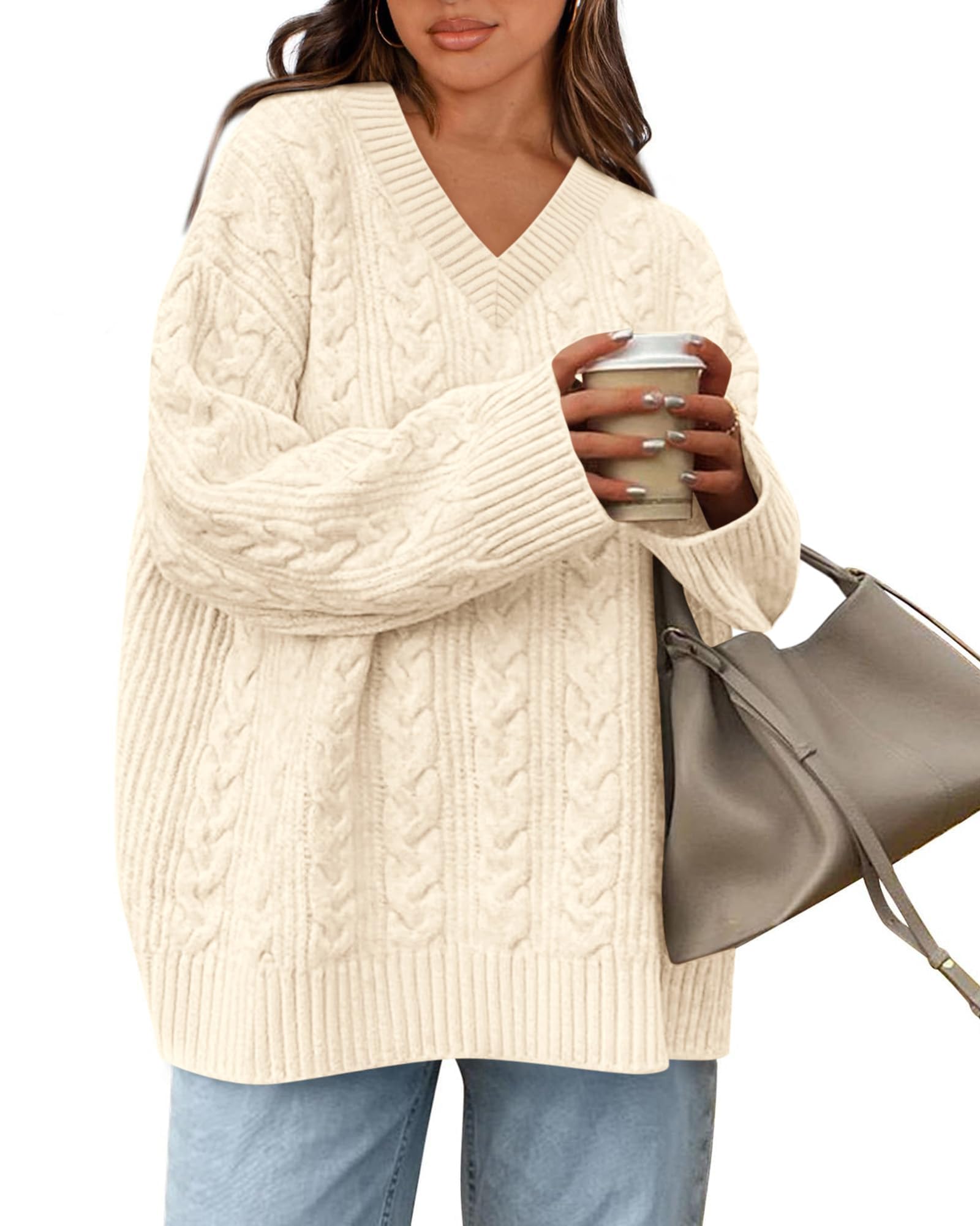 Okiwam Womens Oversized Sweaters Long Sleeve V Neck Cable Knit Pullover Tops Fall Outfits Spring Fashion Clothes 2026