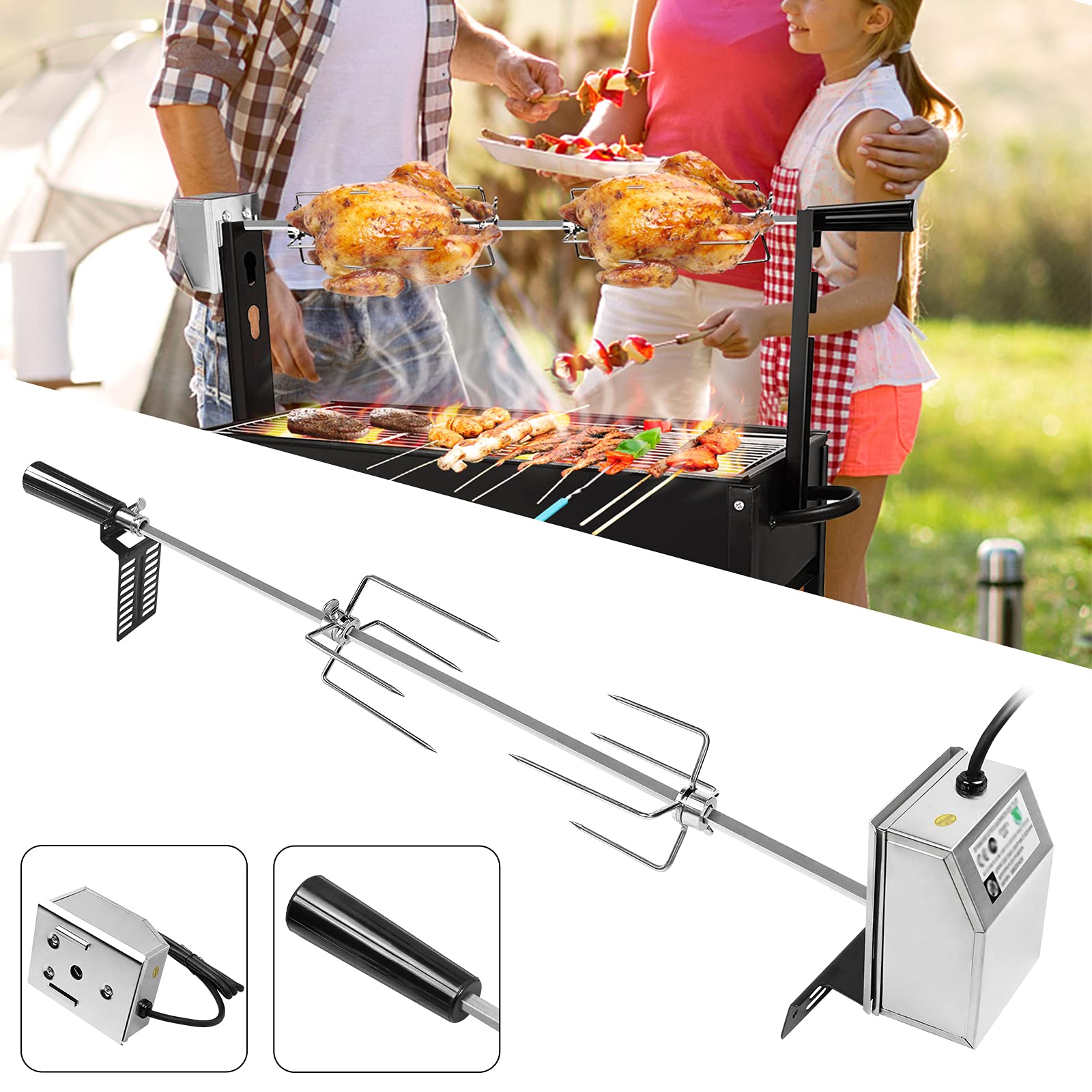 YRHome Lot de 2 brochettes de barbecue en acier inoxydable avec moteur - 117 cm - Convient pour barbecue à gaz avec 2 pinces à viande, poignée et moteur - 220 V - 240 V