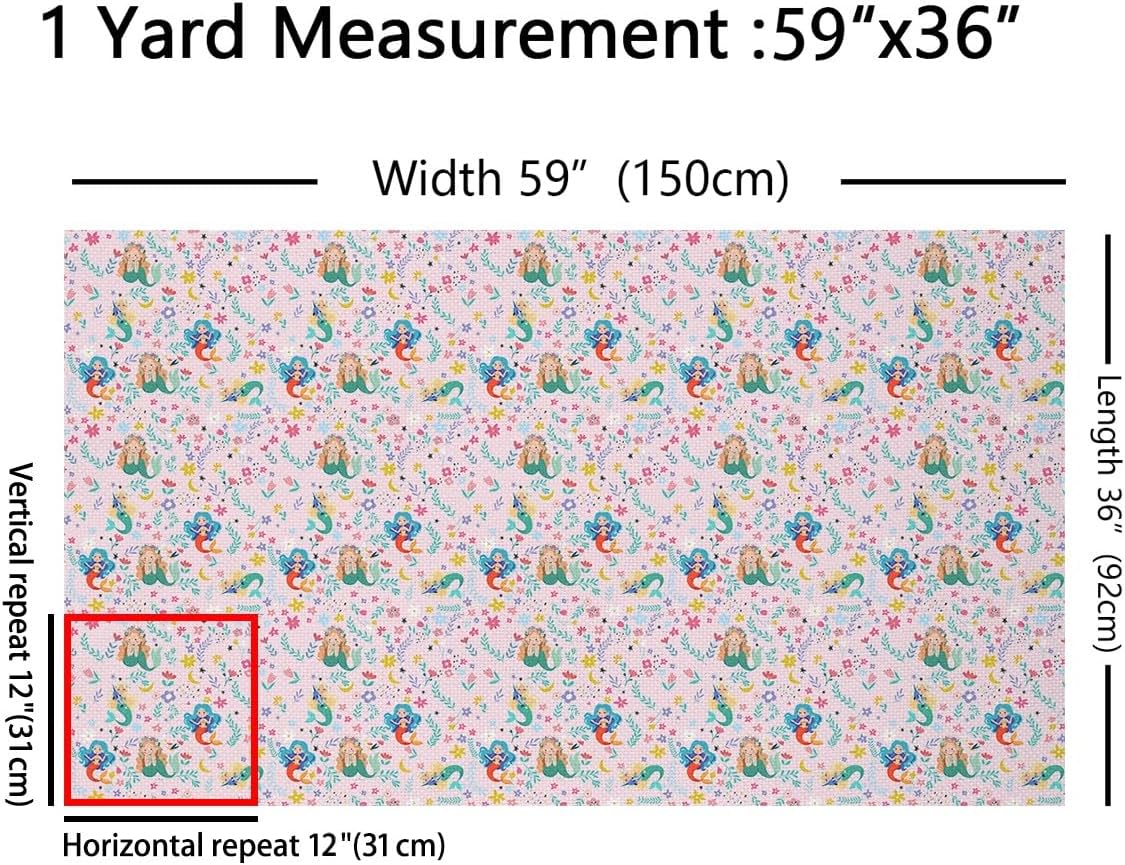 Cartoon Mermaid Waterproof Fabric by The Yard Kawaii Floral Leaves Decorative Soft Flannel Polyester No Stretch and Home DIY Projects Cute Sealife Animals Pink Fabric,2 Yards,72" L x 59" W