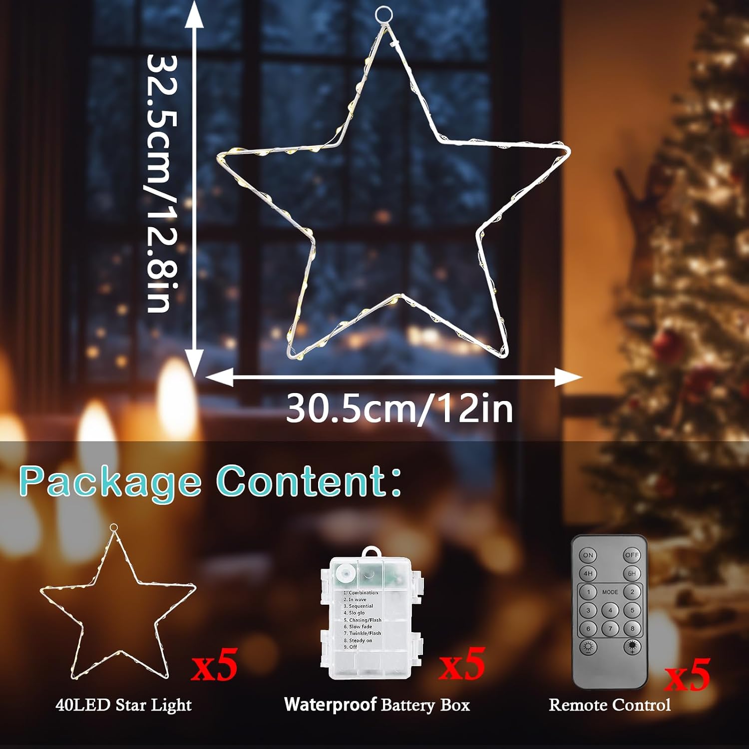 Christmas Decorations Window, 5 Pack Star Christmas Decorations, 5 Remote Controller Indoor Star Battery Operated Christmas Twinkle Lights, 8 Modes Christmas Hanging Decorations for Wall, Home Decor