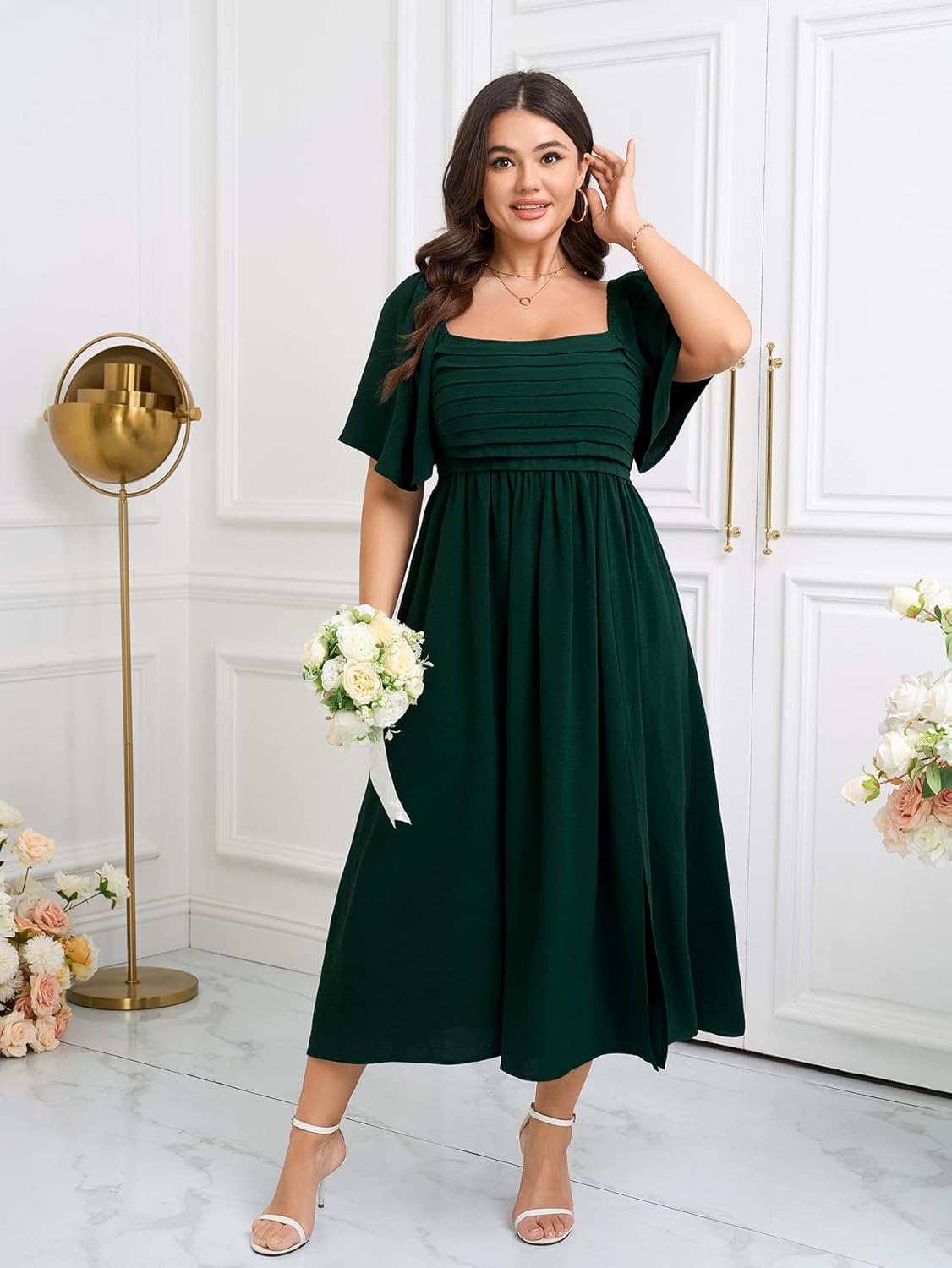 Womens Plus Size Maxi Dress Pleated Square Neck Short Sleeve Smocked High Waist Flowy A-Line Slit Elegant Dresses - Image 2