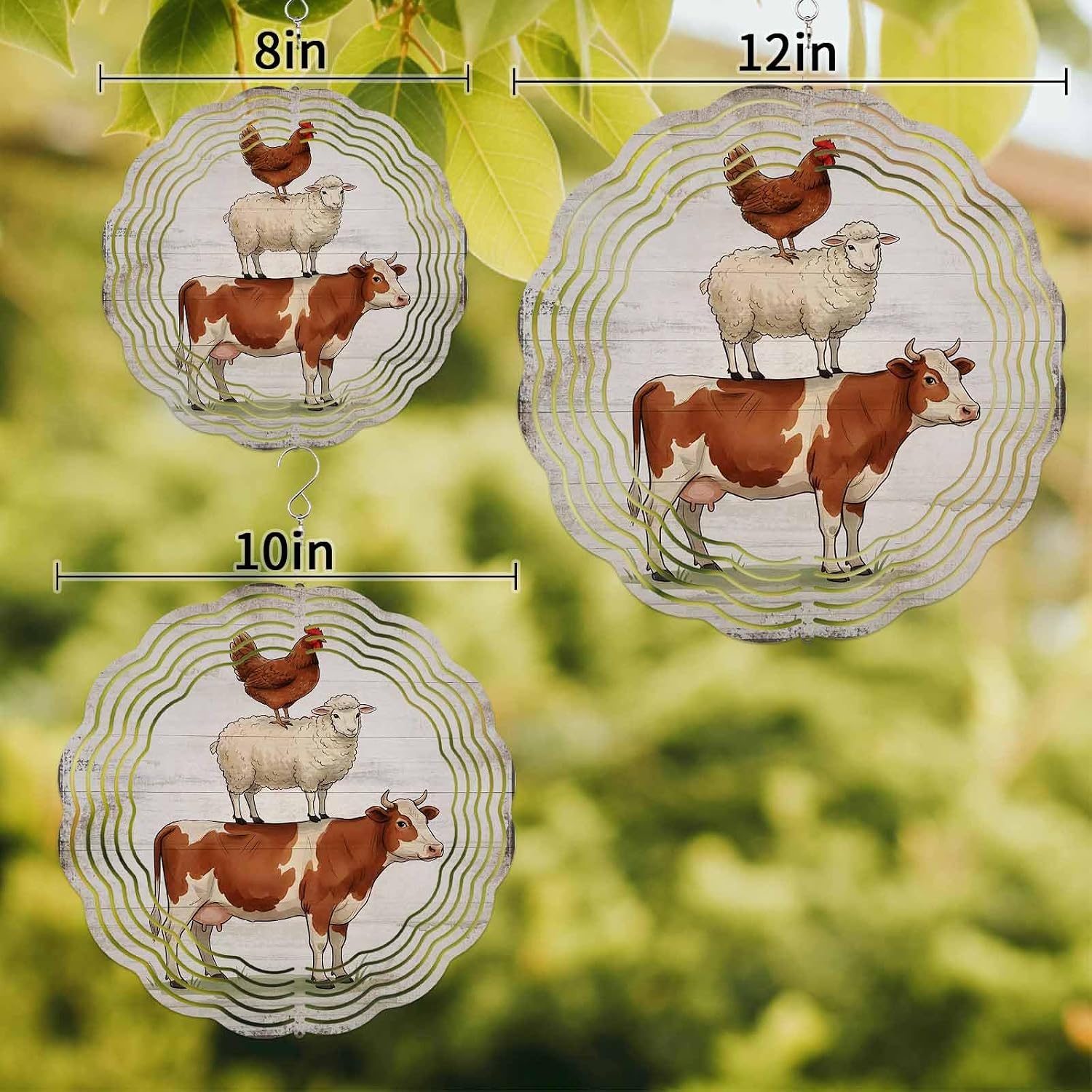 Farm Animal Wind Spinner for Garden Yard 12In, Hen Sheep Cow Vintage White Wood Striped Country 3D Stainless Steel Kinetic Hanging Wind Spinners Rustproof Outdoor Decor for Lawn Patio Home