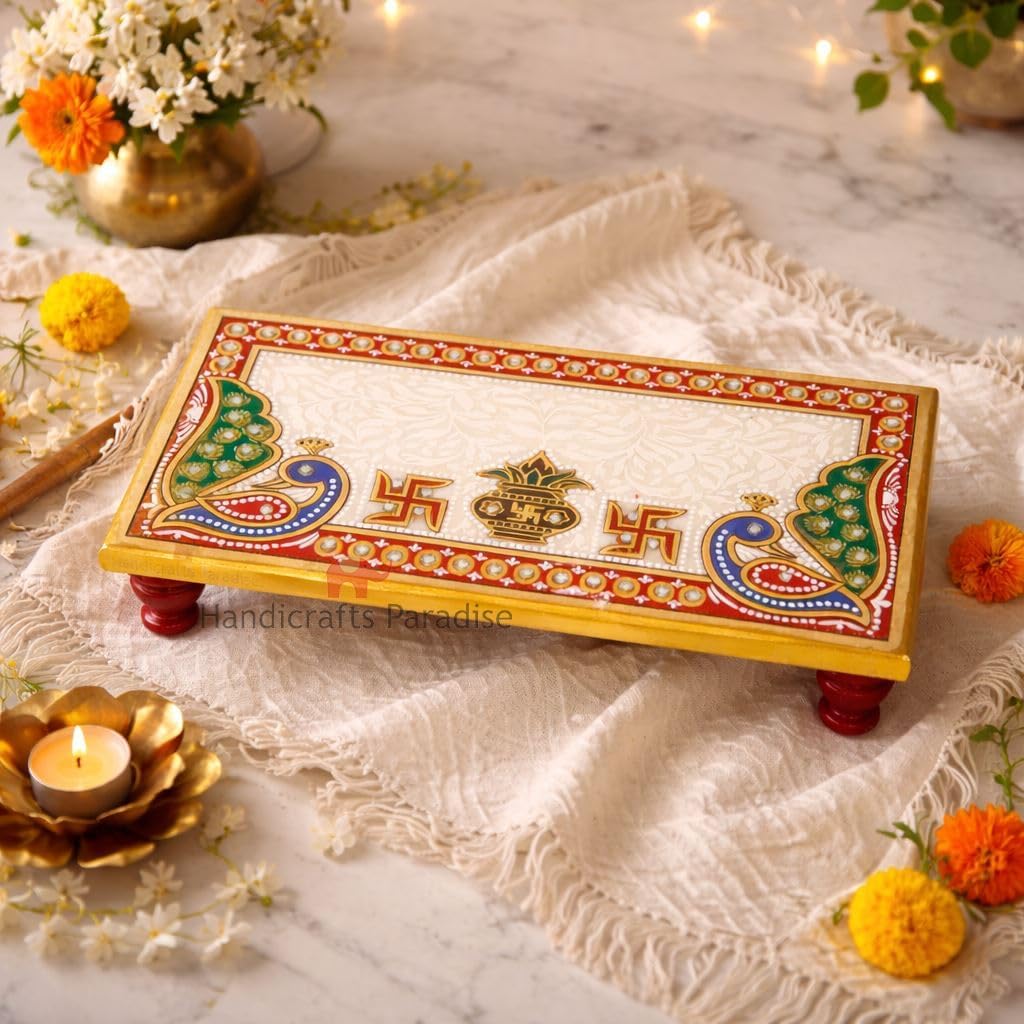 Handicrafts Paradise Marble Puja Chowki Peacock Motif for Mandir 8x4 Inch, 1 Pc