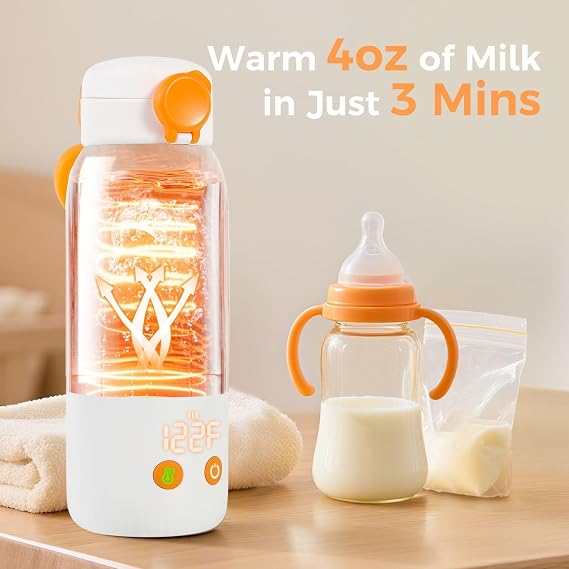 Portable Bottle Warmer for Travel, 12oz Large Capacity Fast Heating, 4 Levels Precise Temperature Control, Long Battery Life, Rechargeable Formula Water Milk Warmer for Car, Airplane & Outdoor Use