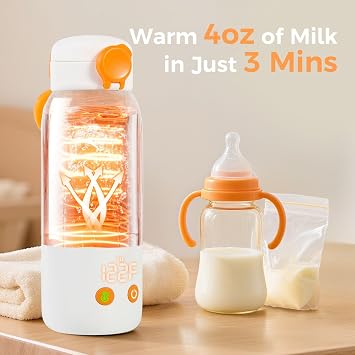 Portable Bottle Warmer for Travel, 12oz Large Capacity Fast Heating, 4 Levels Precise Temperature Control, Long Battery Life, Rechargeable Formula Water Milk Warmer for Car, Airplane & Outdoor Use