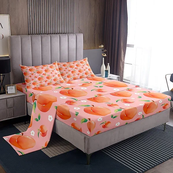 Peach Sheet Set King Size - Kids Pink Tropical Fruit Sheets With Deep Pocket Fitted Sheet for Boys Girls Teens - Sweet Floral Print Bed Sheets Set - Breathable Room Decor