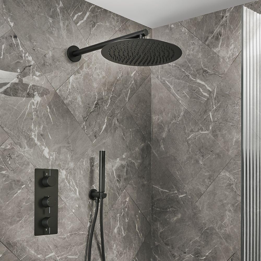 Milano Otto Thermostatic Mixer Valve 300mm Round Rainfall Shower Head Handset - Black