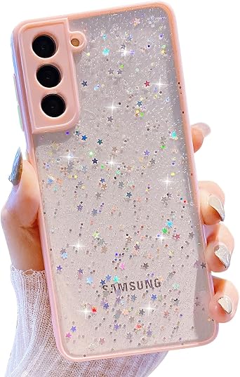Compatible with Samsung Galaxy S21 Case for Women Girls,Soft Slim Fit Full-Around Protective Cute Clear Sparkly Bling Star Phone Case Glitter Cover for Samsung Galaxy S21 6.2 -Pink