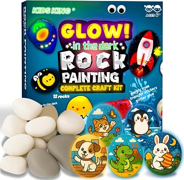KIDS KING Glow in Dark Rock Painting Kit, Art Craft Kit for Kids Age 6-12 | Rock Painting Kit Glow in the Dark Art & Craft Toys Spark Creativity Tool Drawing Party Activity Fovors