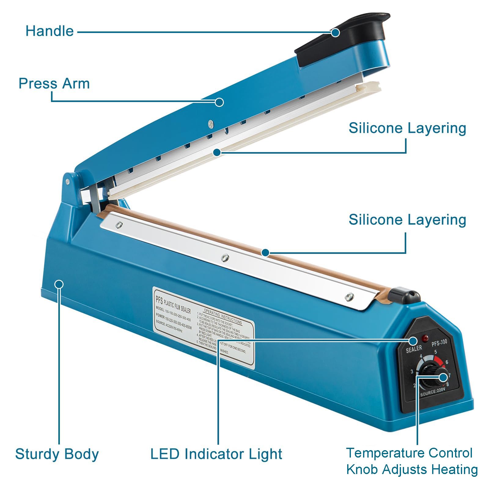 Selladora Térmica Manual De 200 Mm con Revestimiento Antiadherente, 40 Sellados/min, 8 Ajustes De Temperatura, Longitud De Sellado De 20 Cm, Ideal para Envasado De Alimentos.,200mm