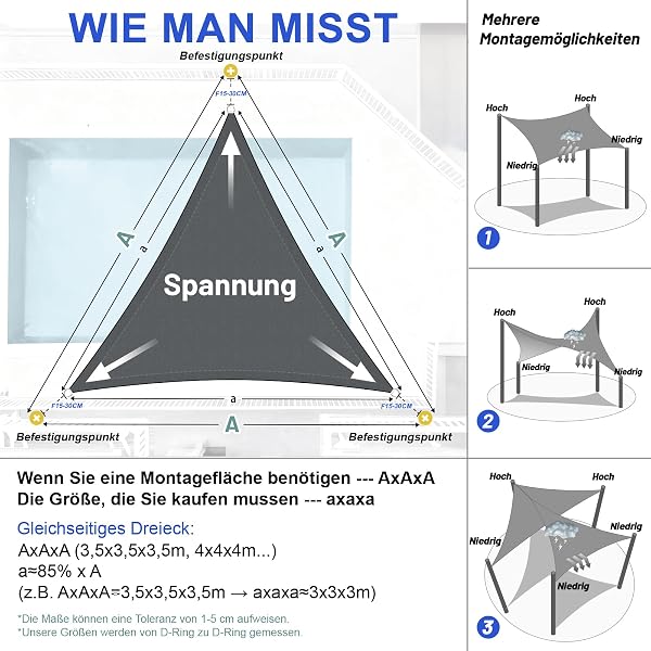LOVE STORY Sonnensegel Dreieckig 3x3x3m Wasserdicht Segeltuch Sonnenschutz Windschutz PES mit 95% UV-Schutz für Balkon, Garten, Terrasse (Anthrazit) - 5