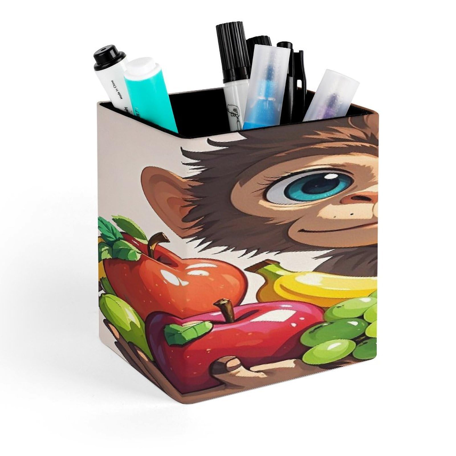 FekiLoot Monkey Holding Fruit Pen Holder for Desk Minimalist Leather Pencil Holder Fashion Modern Pencil Cup Decorative Square Pen Cup Locker Organizer for Office Work Locker Accessories