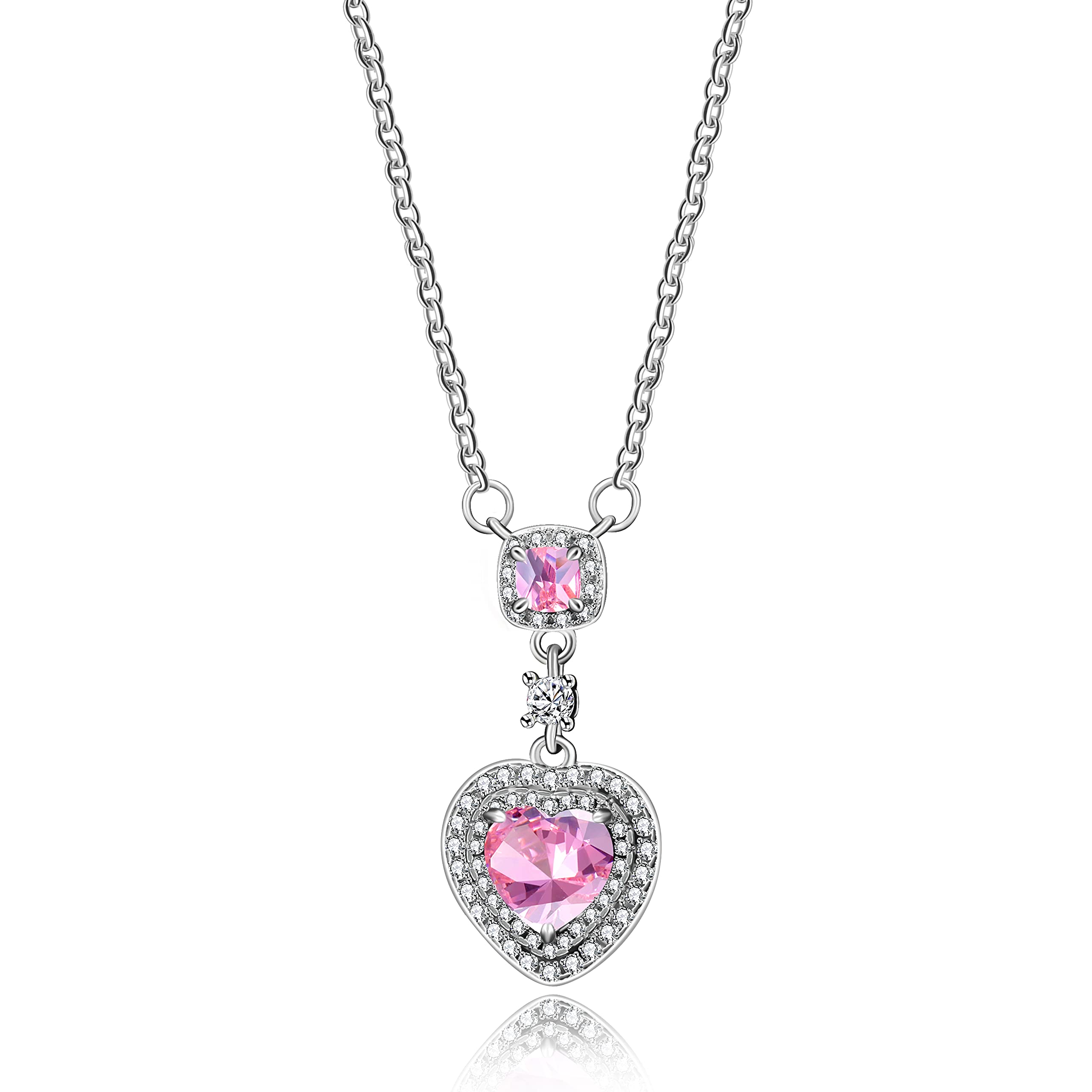 Platinum Plated Yellow & Pink Heart Necklace CZ Cluster Crystal Wedding Promise Jewelry Women Y1073