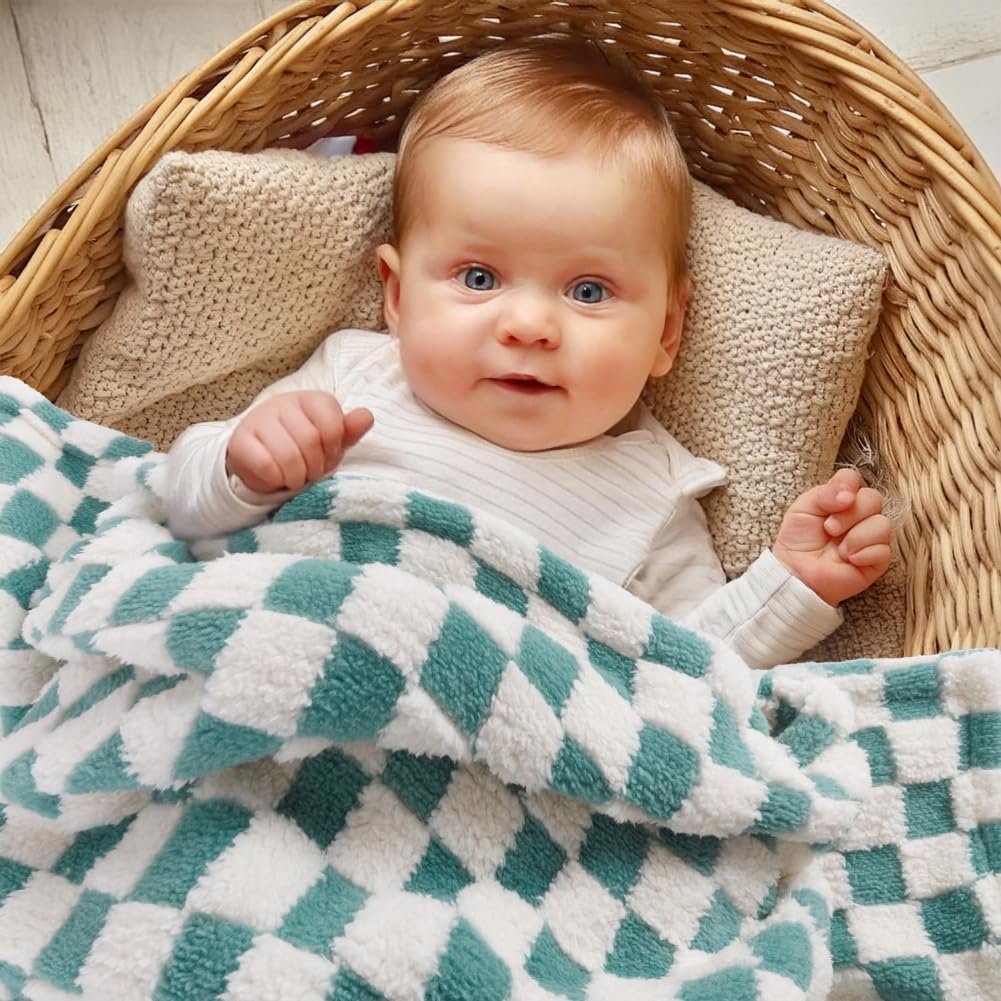 Manta de bebé a cuadros neutral, ultrasuave, mullida, de 76 x 101 cm, acogedora, con cuadrícula de tablero de ajedrez 3D, cálida, cómoda, reversible, para niños pequeños o recién nacidos (verde y