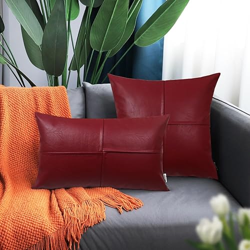 Miniatura 3 de BRAWARM Juego de 2 fundas de almohada de piel sintética de 12 x 20 pulgadas, fundas de almohada lumbar de cuero rojo profundo, almohadas decorativas