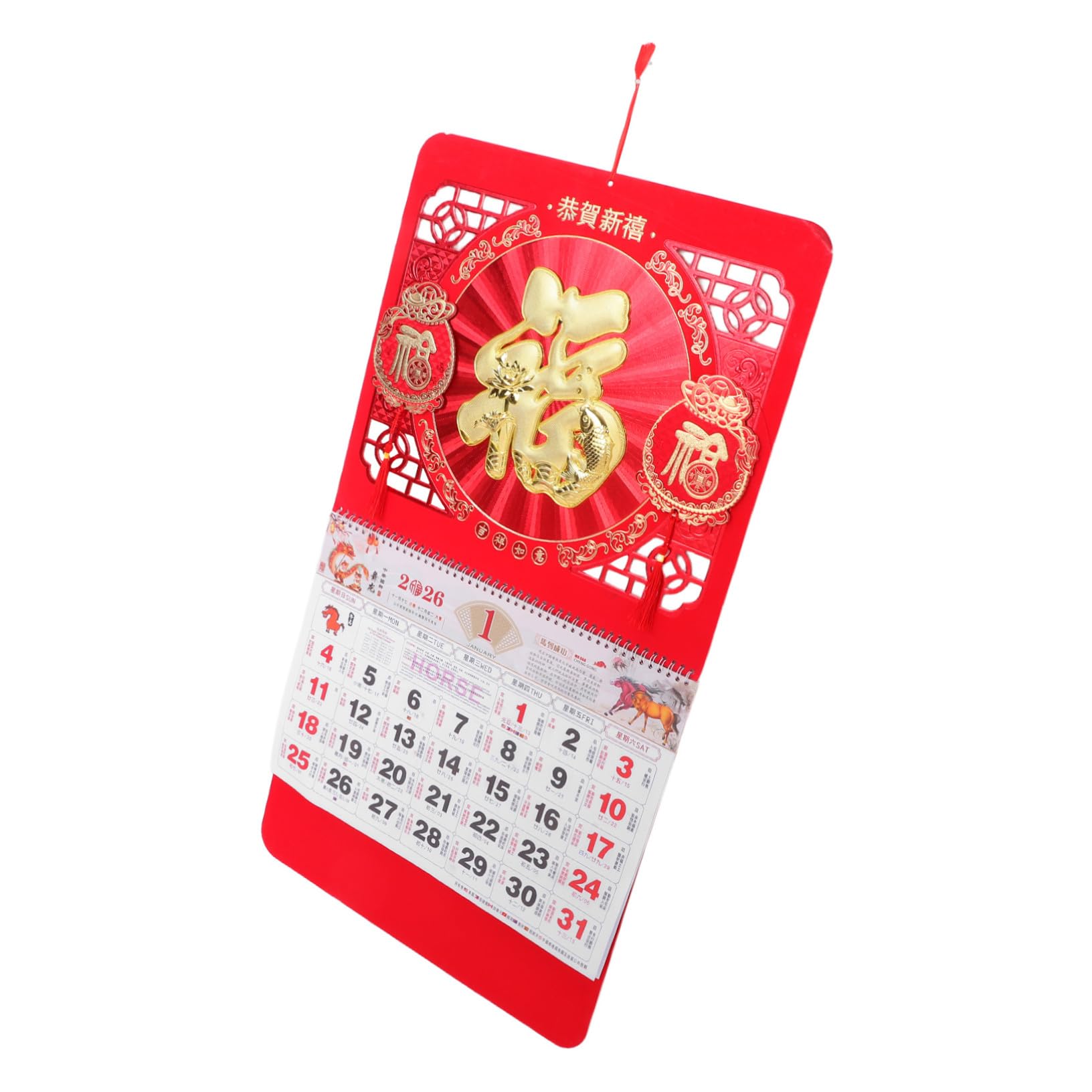 Calendario Chino de Pared Año del Caballo Calendario Lunar Mensual con Diseño Tradicional Papel Rojo Fluorescente para Planificación Anual y Prosperidad
