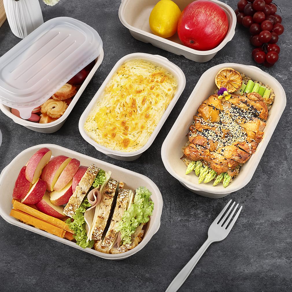 Lot de 50 bols en papier kraft avec couvercle - 700 ml - Bols en carton marron à emporter - Boîte en papier kraft réutilisable - Pour les repas à emporter, le travail, les voyages