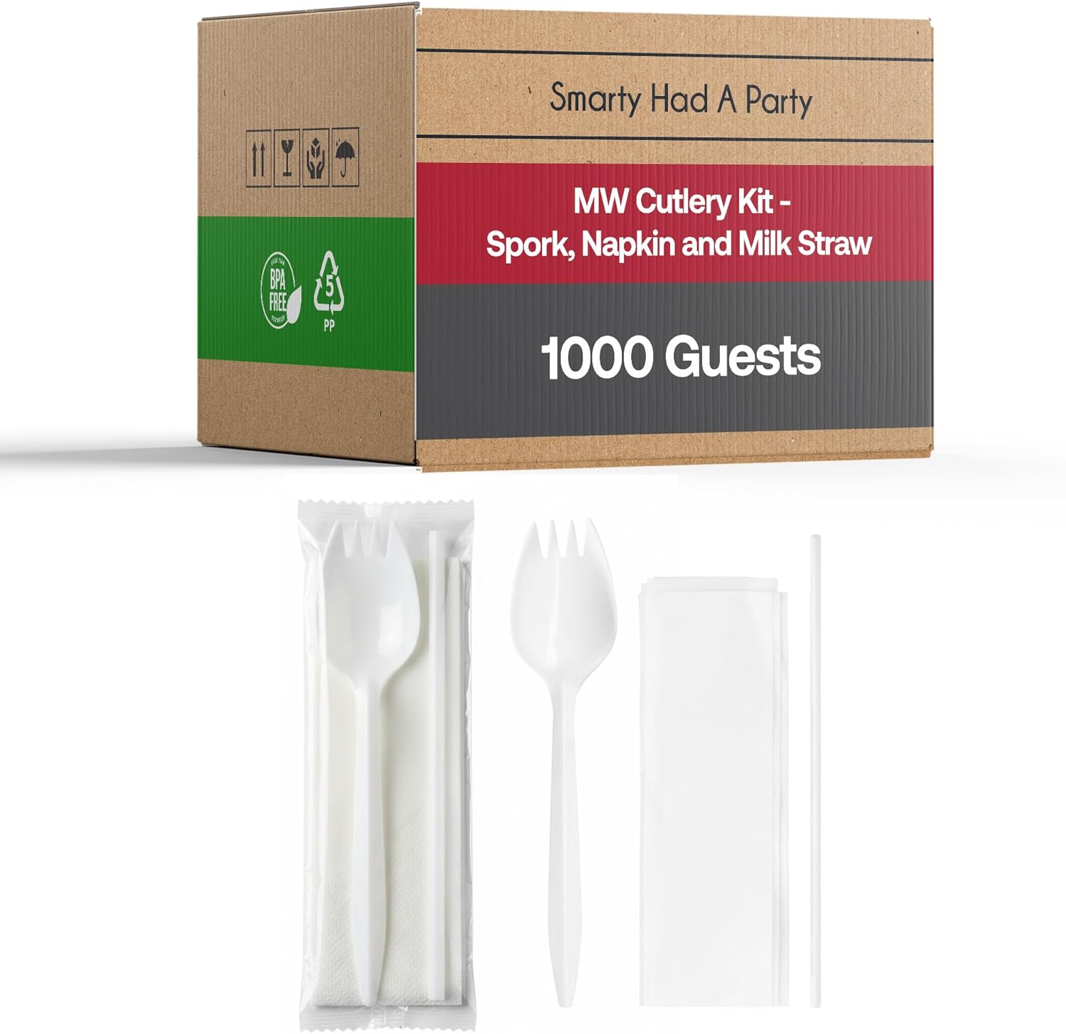 Disposable Individually Wrapped Spork Kit with Napkin & Milk Straw, 3000-Piece Medium Weight Plastic Sporks (1000 Sets) Bulk School Lunch Utensil Packets for Cafeterias, Daycare, Takeout