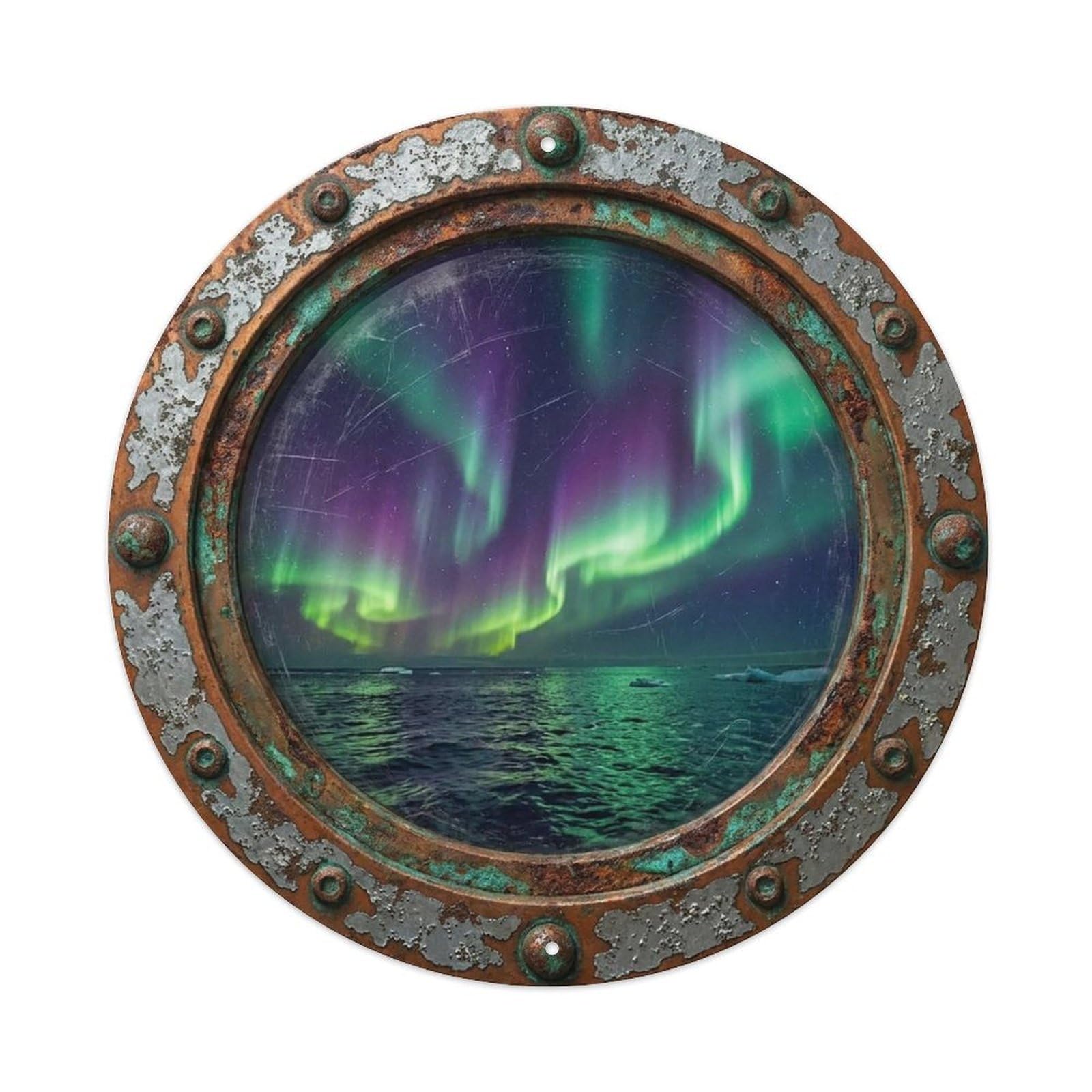 Vintage Porthole Aurora Sky Nautical Window View Vintage Metal Tin Sign Plaque Wall Decor for Cafe, Club Bar, Office, Garden Metal Poster 8x8Inch
