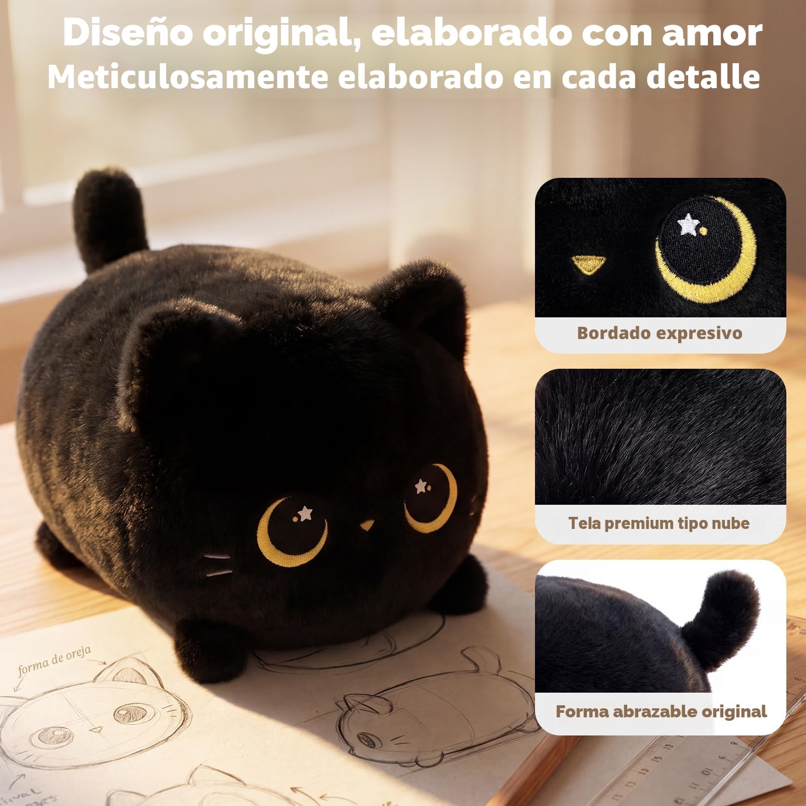 Mewaii 20CM Peluche Pequeños Gato Negro con Ojos de Luna-Suave y Lindo Cojín de Peluche para Abrazar - Ideal para Niños, Regalo para Navidad, Cumpleaños y Más
