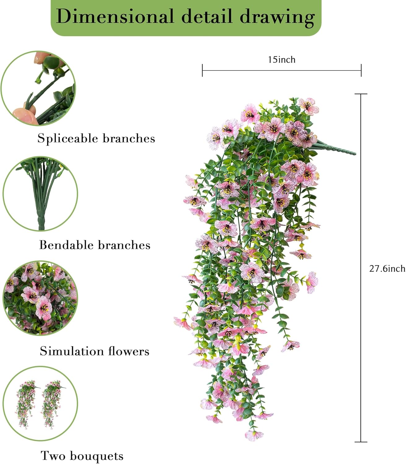 Artificial Hanging Flowers for Outdoors, 2 Pcs UV Resistant Artificial Outdoor Plants No Fade Fake Hanging Plant with Silk Flowers for Outdoor Planters for Home Garden Porch Yard Decor, Pink
