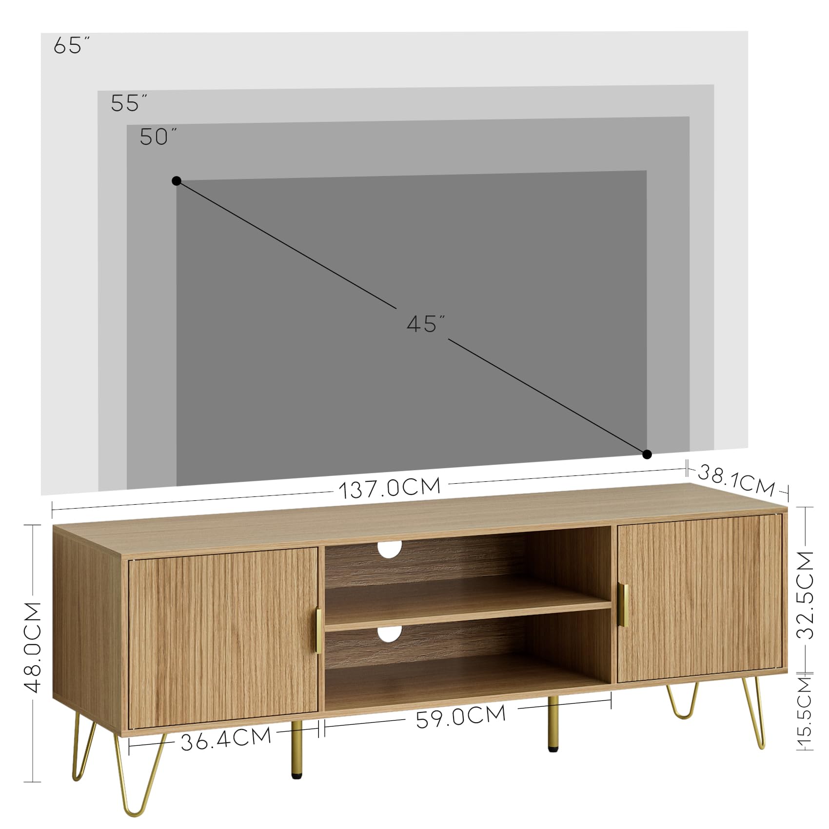 HEYZOEY Gabinete de TV, lowboard para TV de hasta 60 Pulgadas, Mueble de TV de 2 Puertas con armarios para Sala de Estar (Roble A, 137 x 38 x 48 cm)