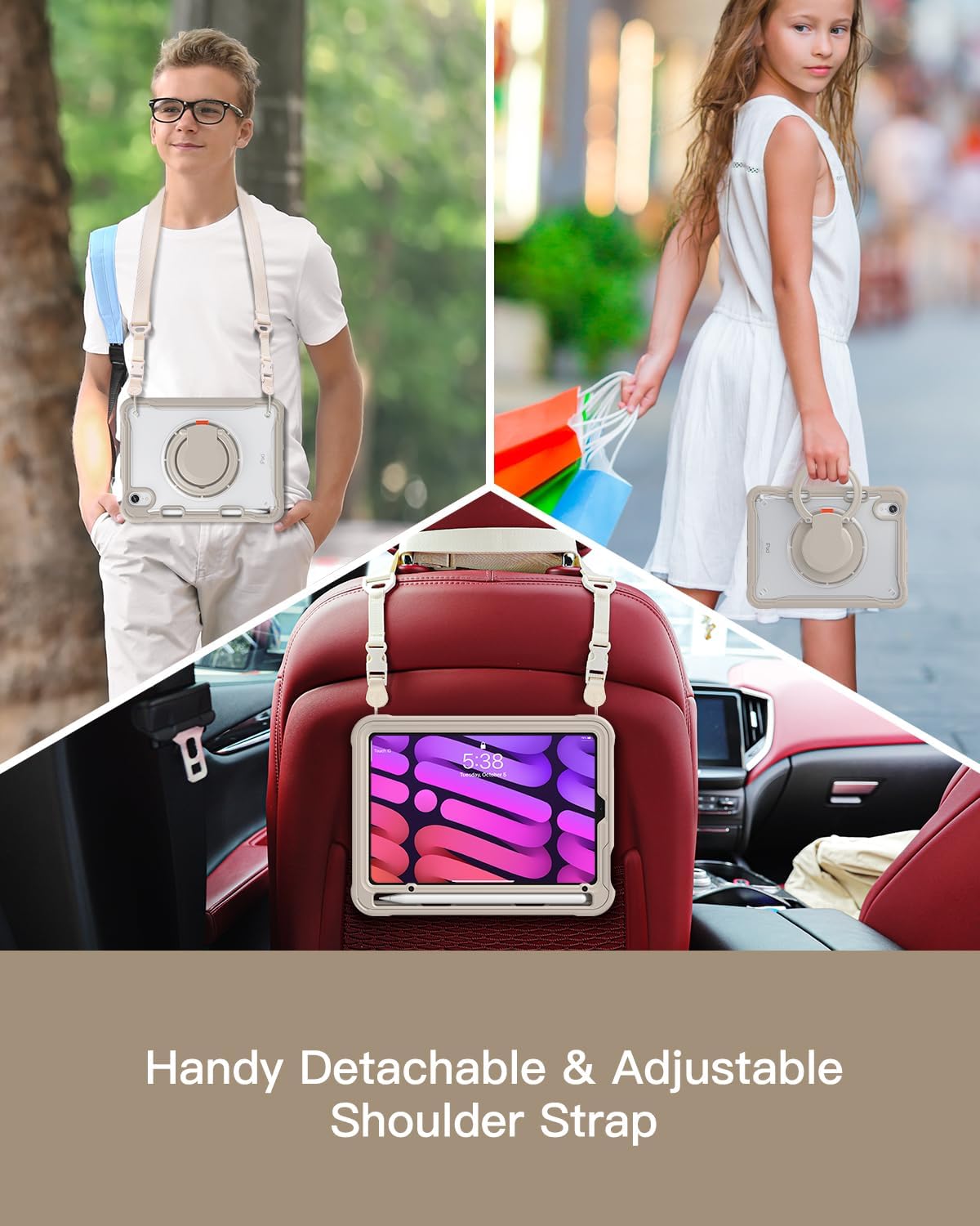 BRAECN for iPad (a17 pro) Mini 7/Mini 6 Case 2024/2021 8.3 inch with Pencil Holder Protective Clear Ring Handle 360 Rotating Stand Shockproof Dropproof Rugged Carrying Shoulder Strap Kids Friendly