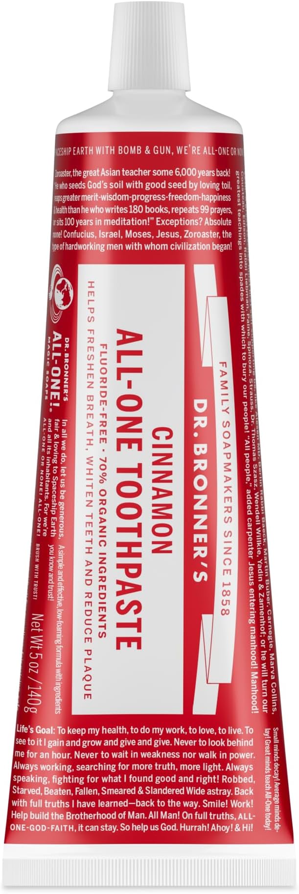 (150ml) - Dr. Bronner's - All-One Toothpaste (Cinnamon, 150ml) - 70% Organic Ingredients, Natural and Effective, Fluoride-Free, SLS-Free, Helps Freshen Breath, Reduce Plaque, Whiten Teeth, Vegan