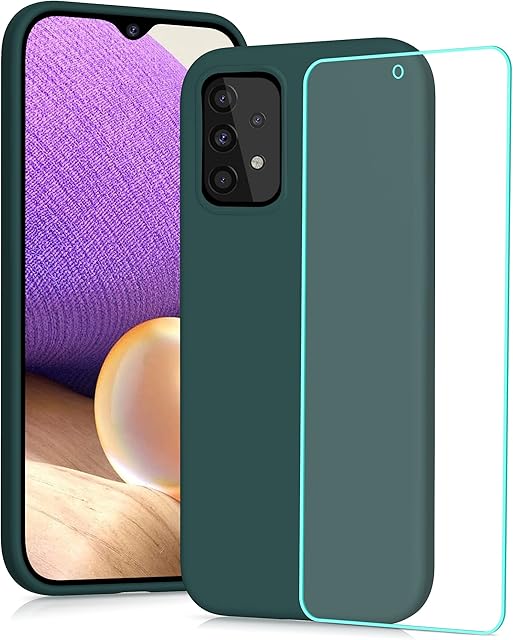 YATWIN Silicone Case for Samsung Galaxy A32 5G with Screen Protector, Soft-Touch, Shockproof, DustProof, Antiskid Full Body Armour Phone Cover for Samsung Galaxy A32 5G - Dark Green