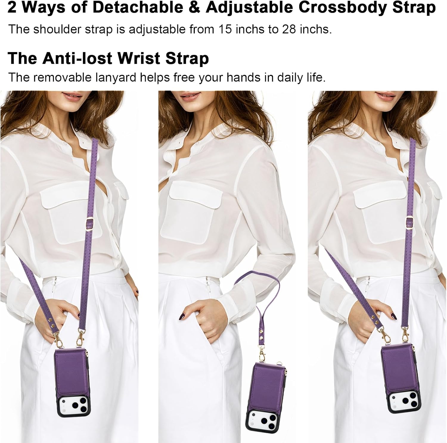 KIHUWEY Crossbody Wallet Case for iPhone 17 Pro, Zipper Pocket Case with Card Holder, PU Leather RFID Blocking Protective Cover Case with Kickstand Detachable Wrist Strap Lanyard 6.3" (Purple)