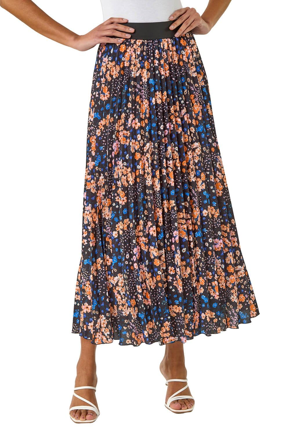 Roman Originals Women's Multi Floral Pleated Skirt For Uk Maxi Midi Crinkle Summer Smart Casual Evening Special Occasion Elasticated Waistband Party Holiday Long Crepe - Size 12