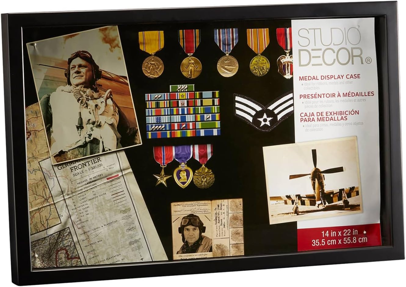 Studio Decor 14" x 22" Black Medal Shadow Box - Funeral Military Display for Medals, Badges, and Memorabilia - 1 Pack