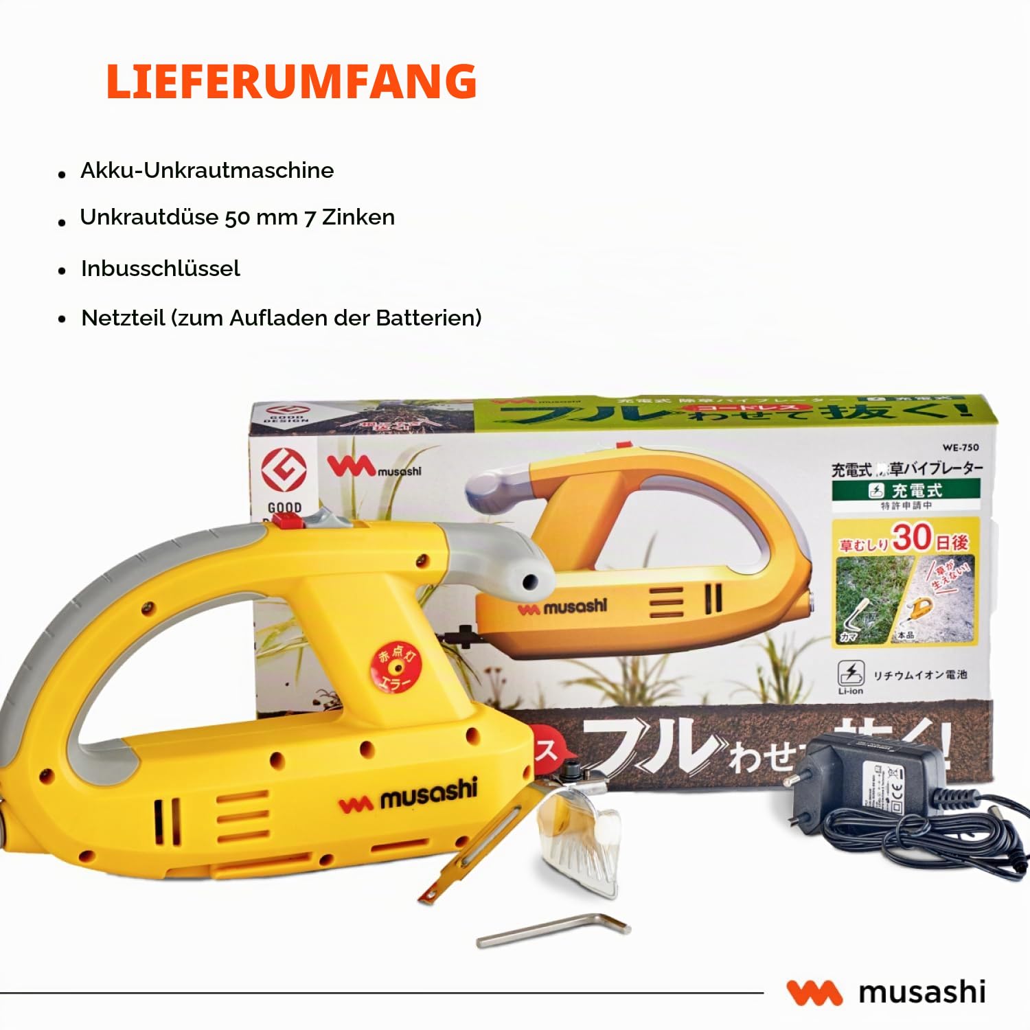 Musashi Gartenhacke Vibrierende, Unkraut jäten, Unkraut ziehen, lockern und jäten, Rasen- und Wegepflege, bis zu 30 Tage unkrautfrei (WE750-Batterie)