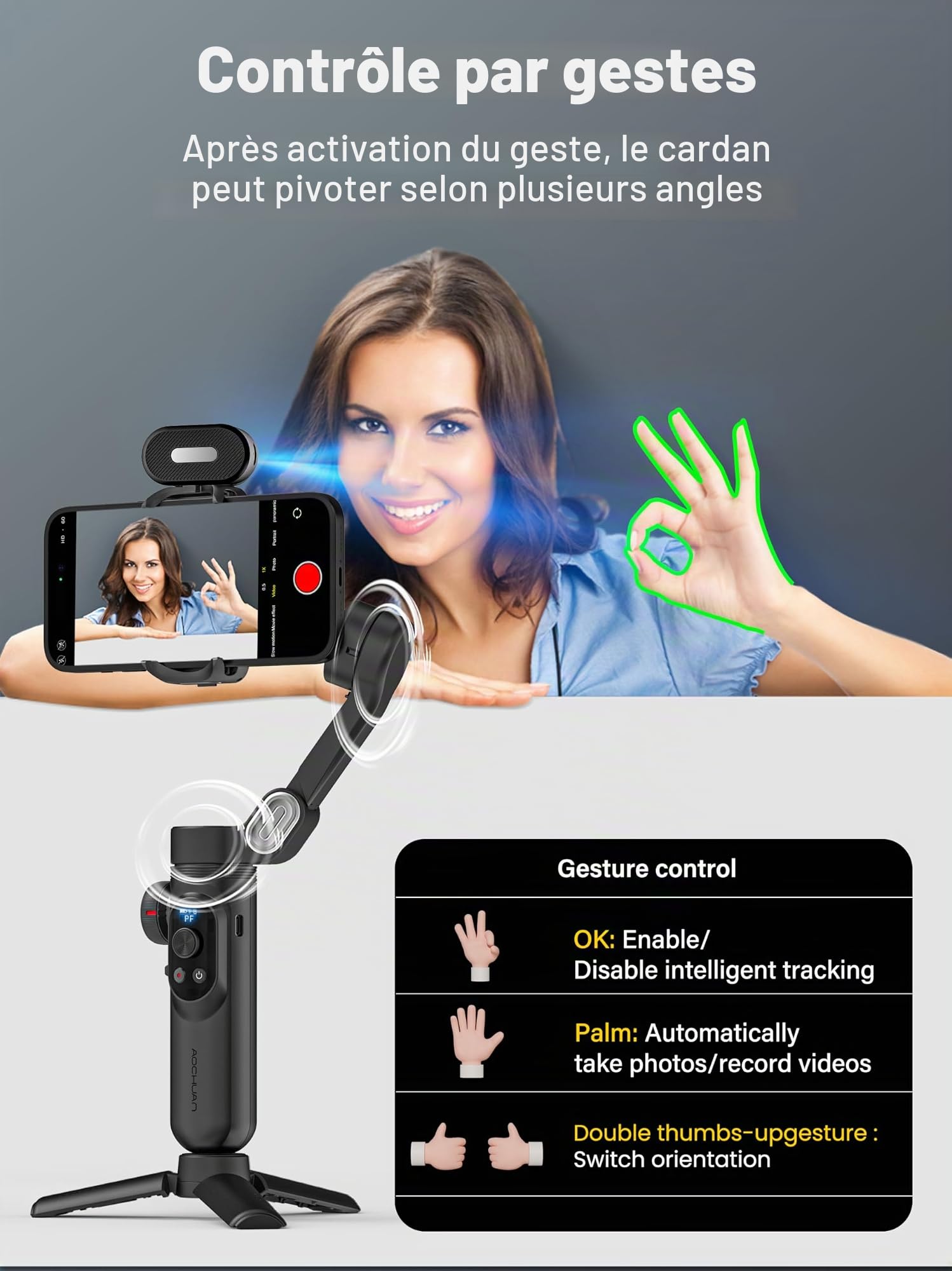 Stabilisateur de Smartphone AOCHUAN X Pro AI, stabilisateur 3 Axes pour iPhone et Android, capteur de Suivi IA (sans Application), écran OLED/lumière intégrée