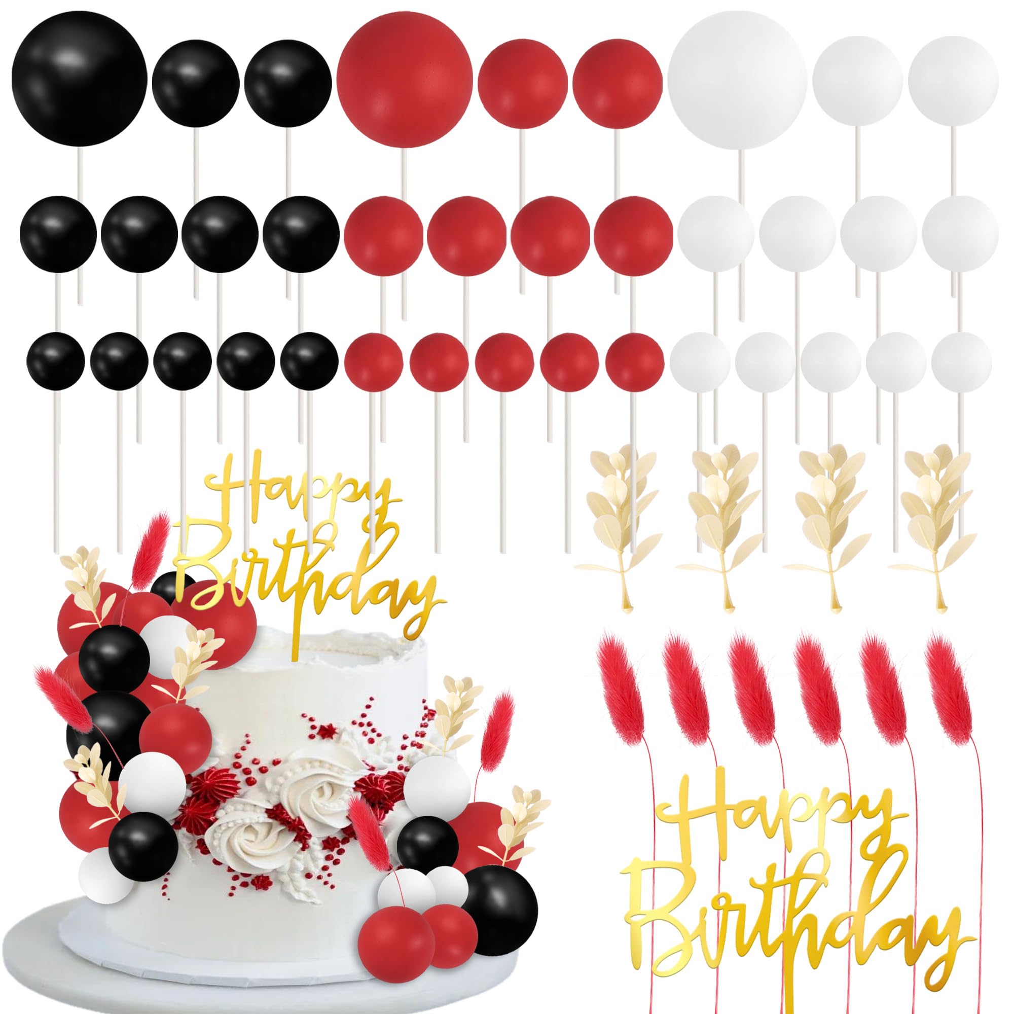 SYKYCTCY 59 Pack Balls Cake Decorations Happy Birthday Ball Cake Toppers Mini Balloon Balls Leaves DIY Cake Decorations for Wedding Anniversary Birthday Themed Party Supplies White Red Black — image 1